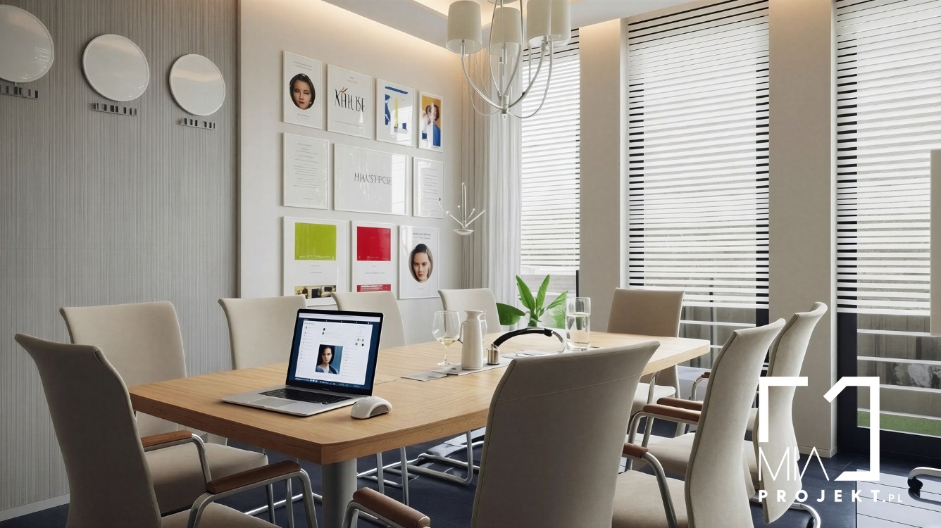 Jasna sala konferencyjna z drewnianym stołem, krzesłami i laptopem. Na ścianie zegary stref czasowych i grafiki. Żaluzje w oknach wpuszczają delikatne światło.