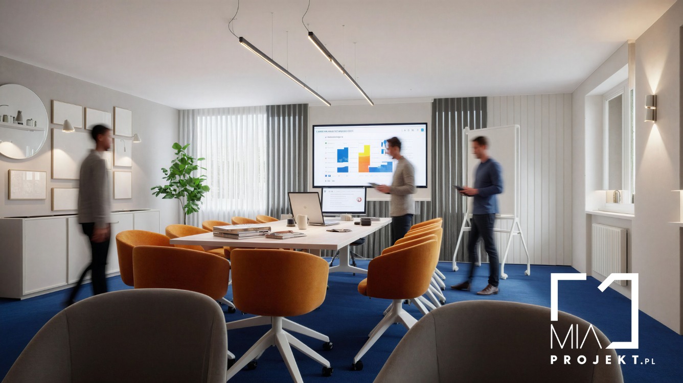 Nowoczesna sala konferencyjna z pomarańczowymi krzesłami, białym stołem i ekranem z wykresami. Minimalistyczne oświetlenie i dekoracje. Dwóch mężczyzn w ruchu.