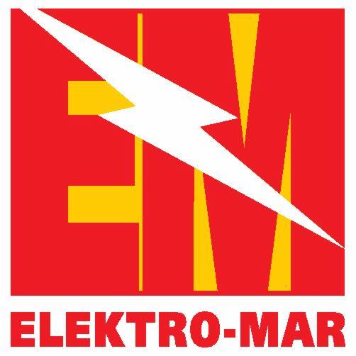 Czerwono-żółte logo firmy Elektro-Mar z białym symbolem błyskawicy.