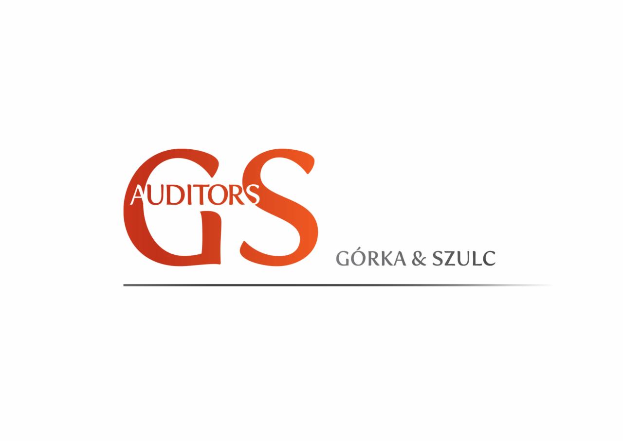 Logo firmy audytorskiej Gorka & Szulc z pomarańczowymi literami GS i napisem AUDITORS nad nimi, umieszczone nad szarą nazwą firmy.