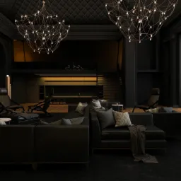 Elegancki salon w ciemnej tonacji z dwoma nowoczesnymi żyrandolami, skórzanymi sofami z poduszkami i leżankami, oświetlony złotą lampą podłogową i z widoczną kuchnią w tle.