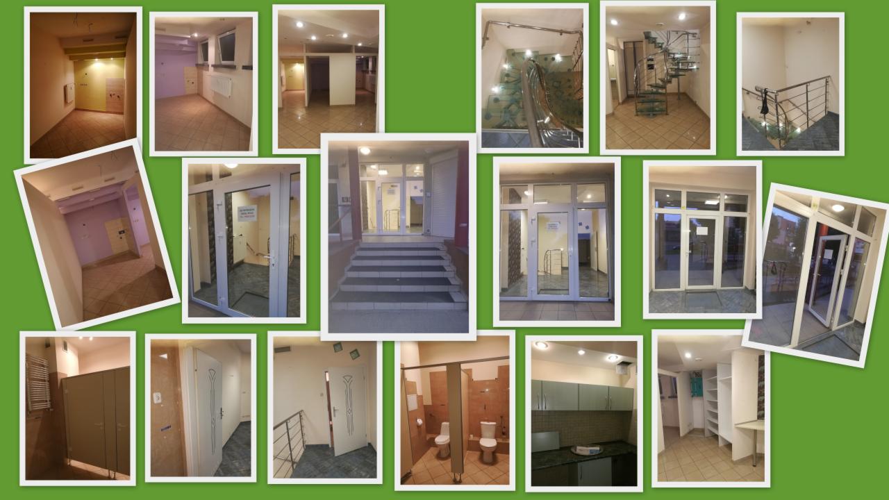 Zestaw zdjęć przedstawiających wnętrza komercyjne: puste pomieszczenia biurowe z różnymi wykończeniami, klatki schodowe z elementami metalowymi i szklanymi, toalety z kabinami i umywalkami, wejście...