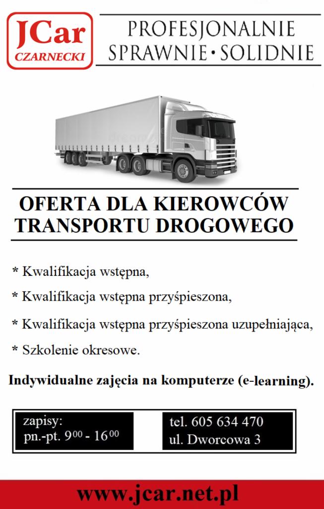 Plakat reklamowy z ofertą szkoleń dla kierowców transportu drogowego, prezentujący wizualizację ciągnika siodłowego z naczepą na białym tle.