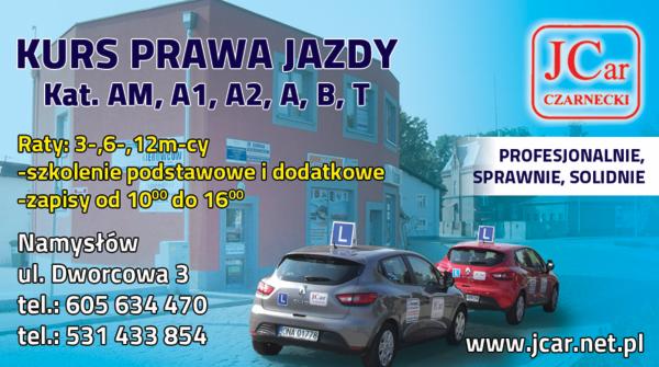 Grafika reklamowa szkoły jazdy JCar z Namysłowa, z dwoma samochodami oznaczonymi literą 'L' na tle budynku i informacjami o kursach prawa jazdy kategorii AM, A1, A2, A, B, T.