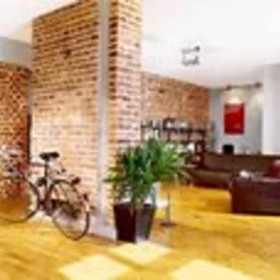 Jasne, przestronne wnętrze po remoncie z odsłoniętą cegłą na ścianach, rower oparty o ścianę, drewniana podłoga, doniczka z rośliną, sofa w tle.