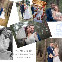 Kolaż zdjęć z ceremonii ślubnej i sesji plenerowych, obejmujący ujęcia pary młodej w lesie, w kościele podczas ślubu oraz portrety z bliska, uzupełniony o logo fotografa i dane kontaktowe.
