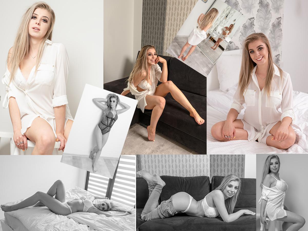 Kolaż kilku ujęć młodej kobiety w bieliźnie i białej koszuli, różne pozy i tła, część zdjęć czarno-biała.