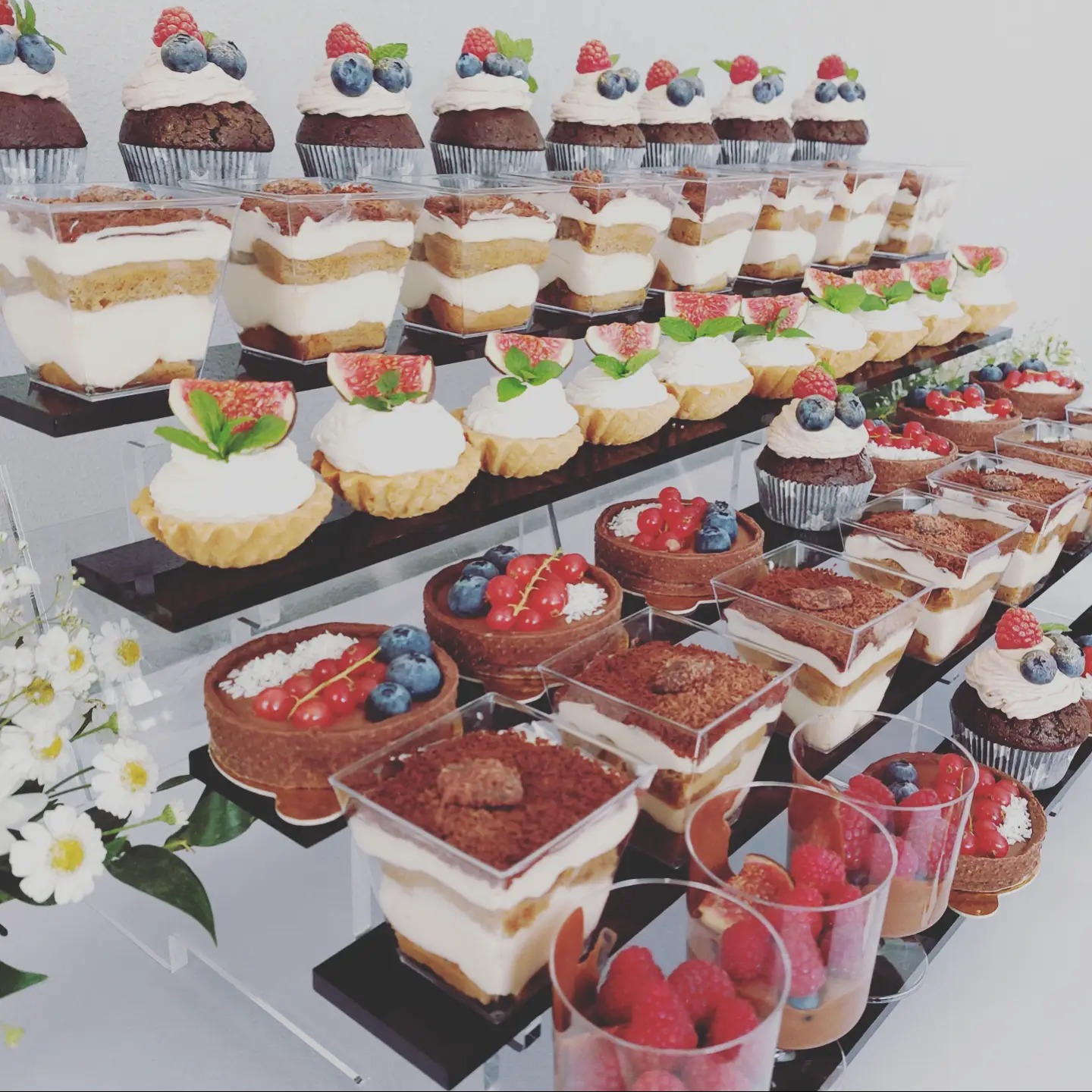 Różnorodne desery na wielopoziomowej ekspozycji: babeczki z owocami, tartaletki z kremem i figami, tiramisu w przezroczystych kubeczkach, tarty z borówkami i porzeczkami.