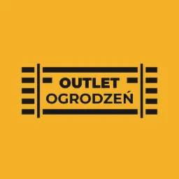 Logo firmy 'Outlet Ogrodzeń' na żółtym tle, z symetrycznym układem czarnych linii i tekstu.