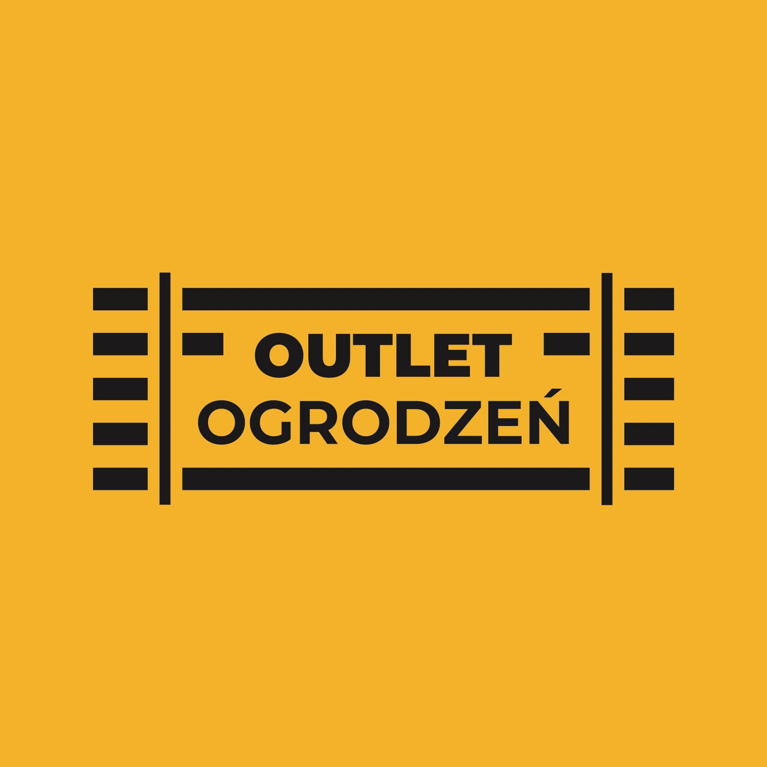 Logo firmy 'Outlet Ogrodzeń' na żółtym tle, z symetrycznym układem czarnych linii i tekstu.