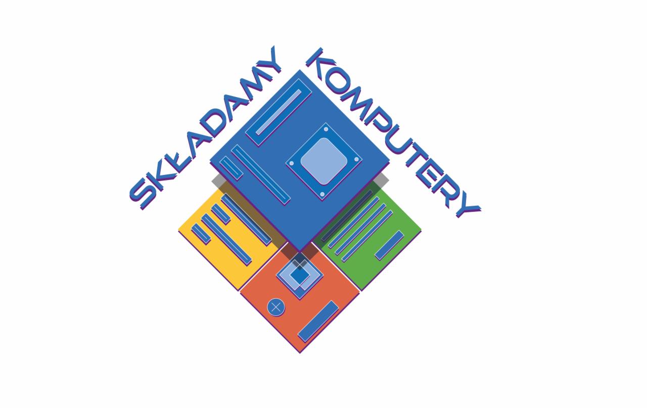 Graficzne logo firmy komputerowej: stylizowany układ scalony z napisem 'Składamy Komputery' w niebieskiej czcionce.