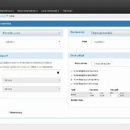 Ekran interfejsu użytkownika aplikacji do planowania odbioru przesyłek kurierskich, z polami wyboru firmy, daty, godziny, miejsca odbioru i dostawy oraz kalkulacją ceny usługi.