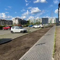 Świeżo posadzone młode drzewka wzdłuż parkingu wyłożonego ażurowymi płytami i chodnika z kostki brukowej na tle budynków mieszkalnych i błękitnego nieba z chmurami.