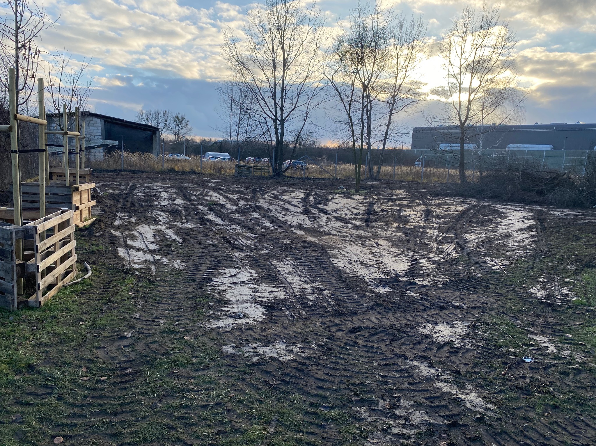 Przygotowany teren pod trawnik z widocznymi śladami opon, palety z boku, budynki w tle i pochmurne niebo. Teren wyrównany, gotowy do dalszych prac.
