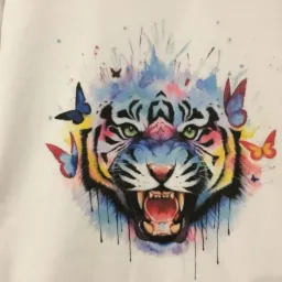Biała koszulka z barwnym nadrukiem głowy tygrysa w stylu akwareli, otoczonej motylami.