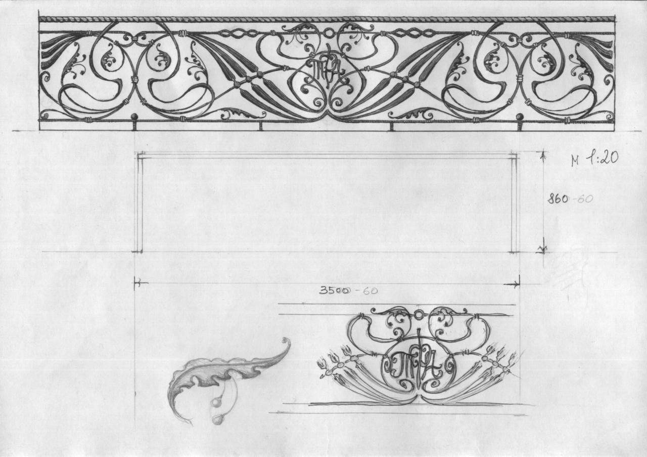 Ręcznie wykonany szkic techniczny z wymiarami i detalami zdobionej balustrady balkonowej z kutego żelaza, widok z przodu i przekrój.