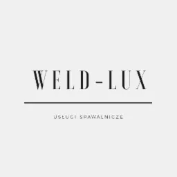 Minimalistyczne logo firmy Weld-Lux oferującej usługi spawalnicze, czarny tekst na jasnoszarym tle.