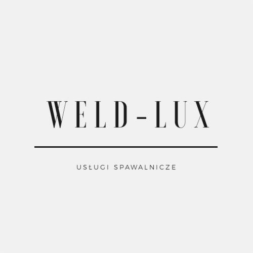 Minimalistyczne logo firmy Weld-Lux oferującej usługi spawalnicze, czarny tekst na jasnoszarym tle.