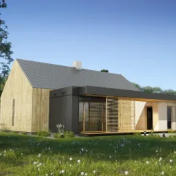 Wizualizacja nowoczesnego domu jednorodzinnego z elementami drewna i szarej blachy falistej, otoczonego zielonym trawnikiem z dmuchawcami, w słoneczny dzień.