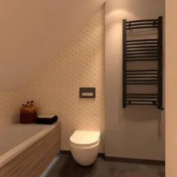 Wizualizacja łazienki na poddaszu z wanną obudowaną drewnem, toaletą, grzejnikiem drabinkowym w kolorze czarnym i beżowymi płytkami 3D na ścianie.