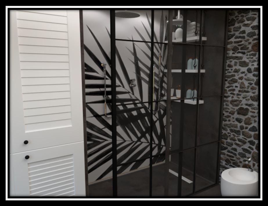 Nowoczesna łazienka z kabiną prysznicową w stylu loft z motywem liści palmy na szklanej ściance, białą szafką z lamelami i kamienną ścianą.