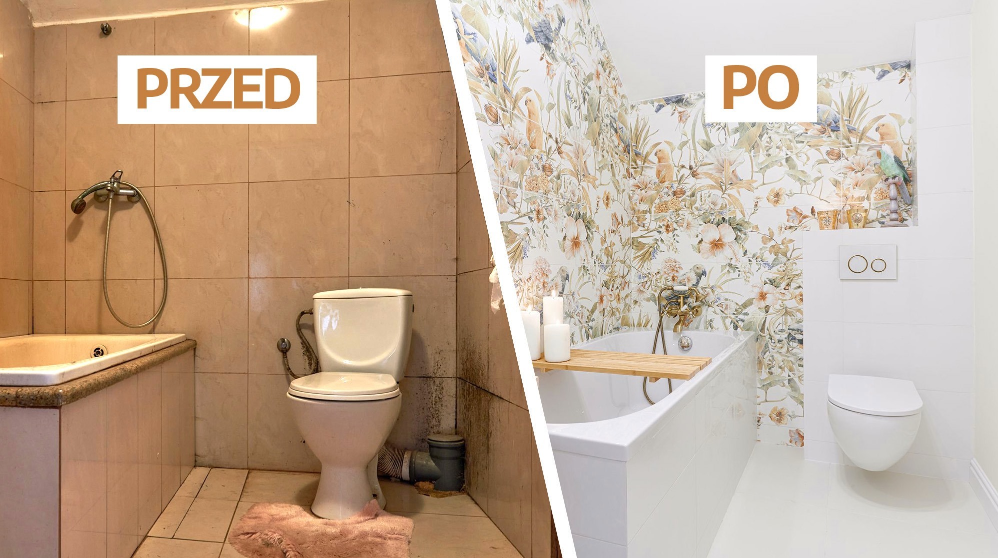 Porównanie łazienki przed i po: zaniedbane, beżowe płytki kontra jasne, białe wnętrze z motywem kwiatowym na ścianie, nowa wanna z drewnianą półką i wisząca toaleta.