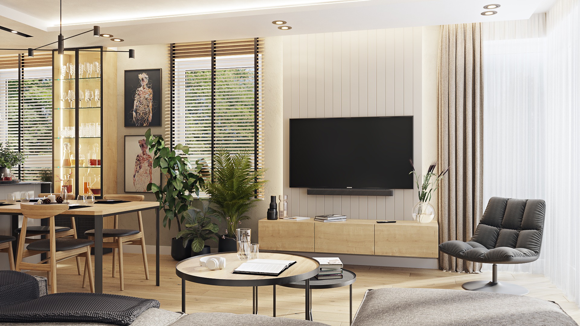 Jasne, przestronne wnętrze mieszkania z drewnianym stołem, szklaną witryną, telewizorem i roślinami doniczkowymi, oświetlone punktowymi lampami sufitowymi.