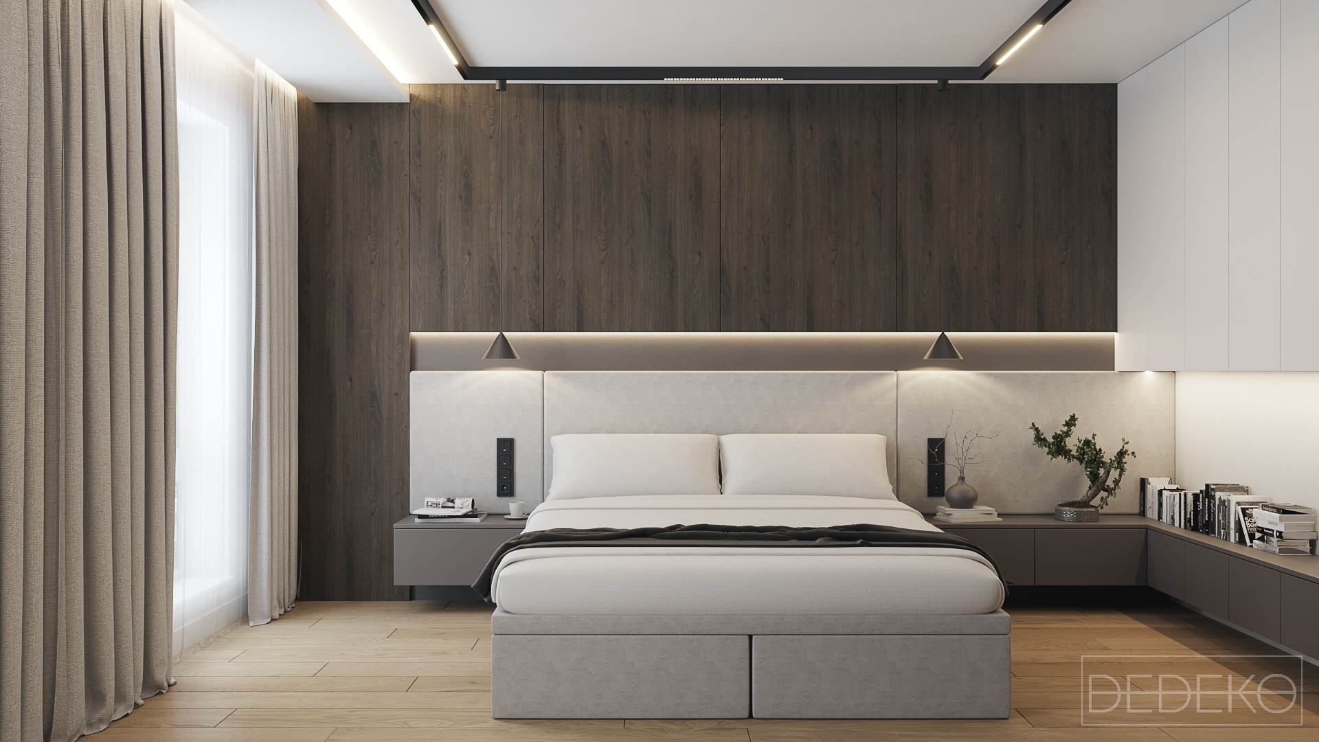 Nowoczesna sypialnia z drewnianą ścianą, podświetlanym zagłówkiem, minimalistycznymi lampkami nocnymi i drewnianą podłogą. Na stoliku nocnym wazonik z gałązkami i książki.