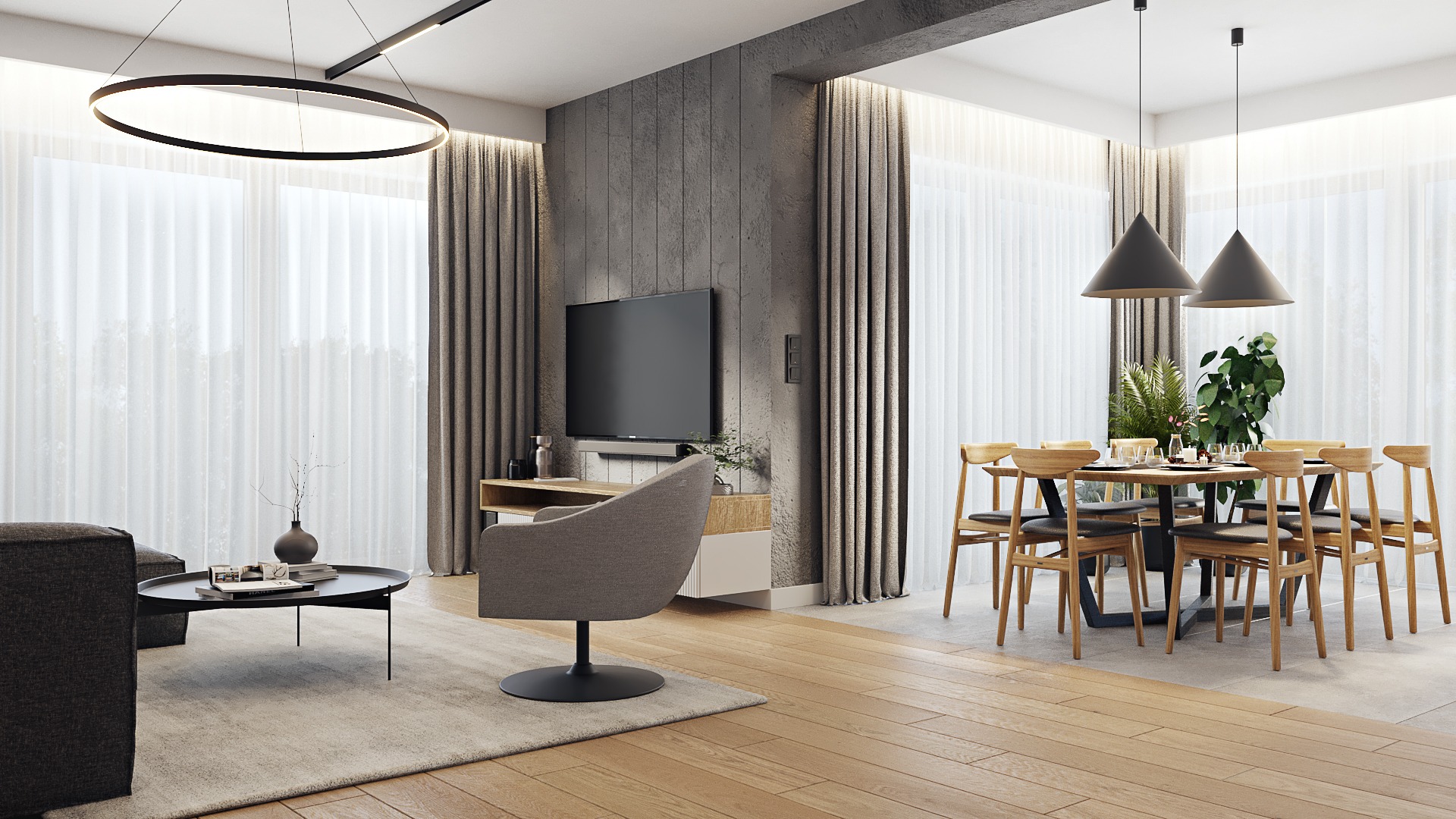 Nowoczesny salon z drewnianą podłogą, szarą ścianą z telewizorem, okrągłym stolikiem kawowym, szarą sofą i krzesłem obrotowym oraz jadalnią z drewnianym stołem i krzesłami pod dwoma czarnymi...
