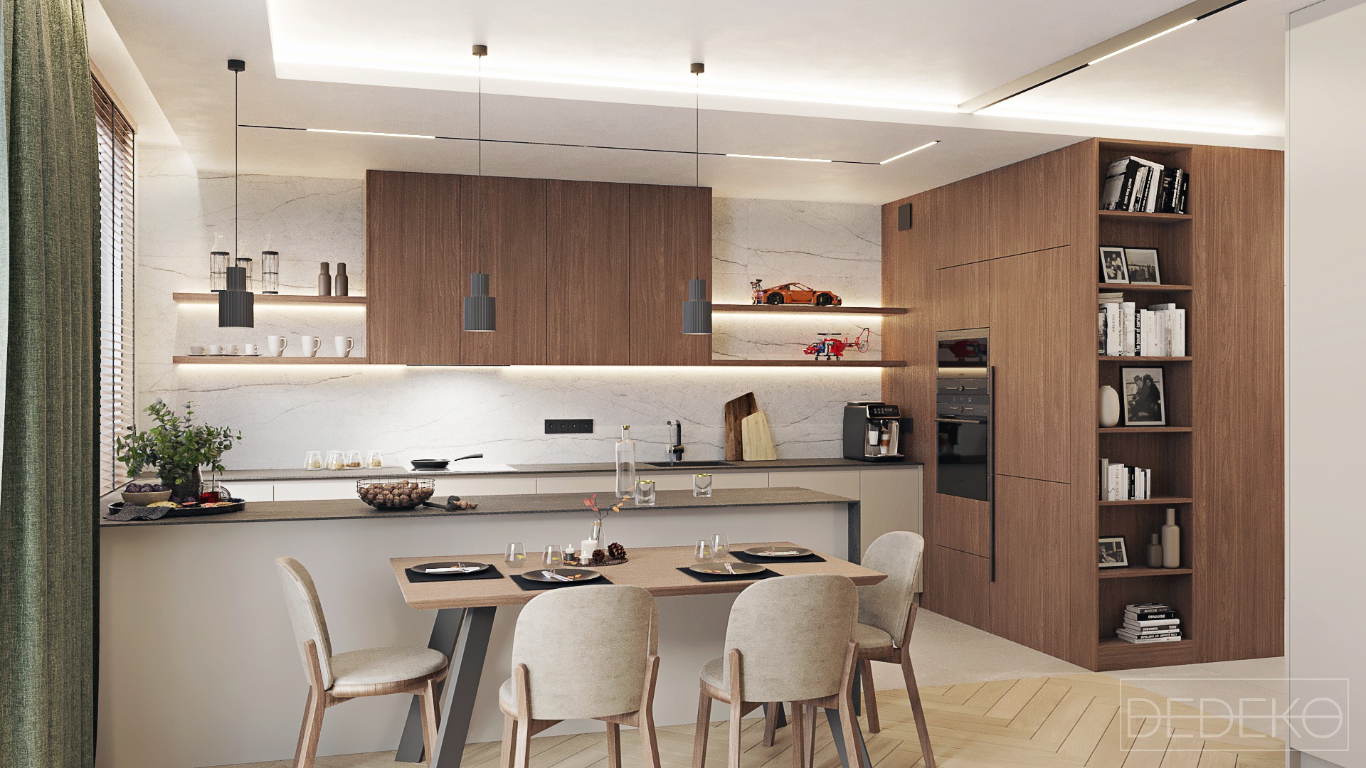 Nowoczesna kuchnia z drewnianymi szafkami, marmurowym blatem i wyspą z jadalnią dla czterech osób, oświetlona ledowymi lampami wiszącymi i listwami, z ozdobnymi modelami samochodu i helikoptera...