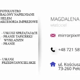 Wizytówka firmy oferującej usługi sprzątające, fotobudkę, balony napełniane helem i akcesoria imprezowe, z ikonami odkurzacza, żelazka, fotolustra, balonów i prezentu, oraz danymi kontaktowymi...