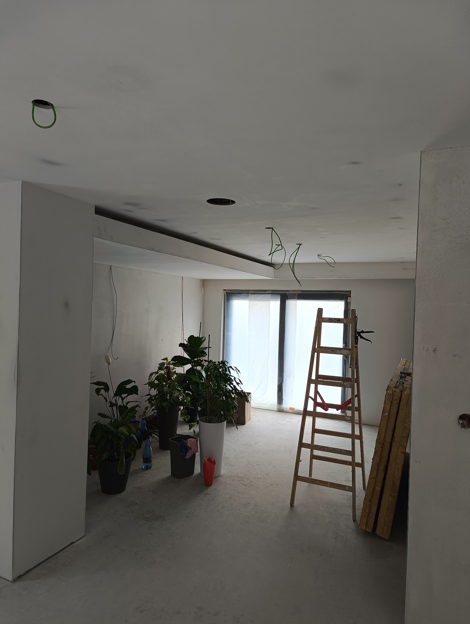 Wnętrze w trakcie remontu: surowy strop z wystającymi kablami, ściany przygotowane do wykończenia, drewniana drabina oparta o ścianę, rośliny doniczkowe w pomieszczeniu, widoczne narzędzia...