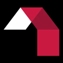 Abstrakcyjne logo: biały trójkąt i czerwony, złożony kształt przypominający strzałkę na czarnym tle. Minimalistyczny design, geometryczne formy.