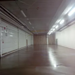 Błyszcząca, brązowa podłoga w hali przemysłowej z widocznymi liniami świetlnymi odbijającymi się od powierzchni, białe ściany i sufit z widocznymi instalacjami.