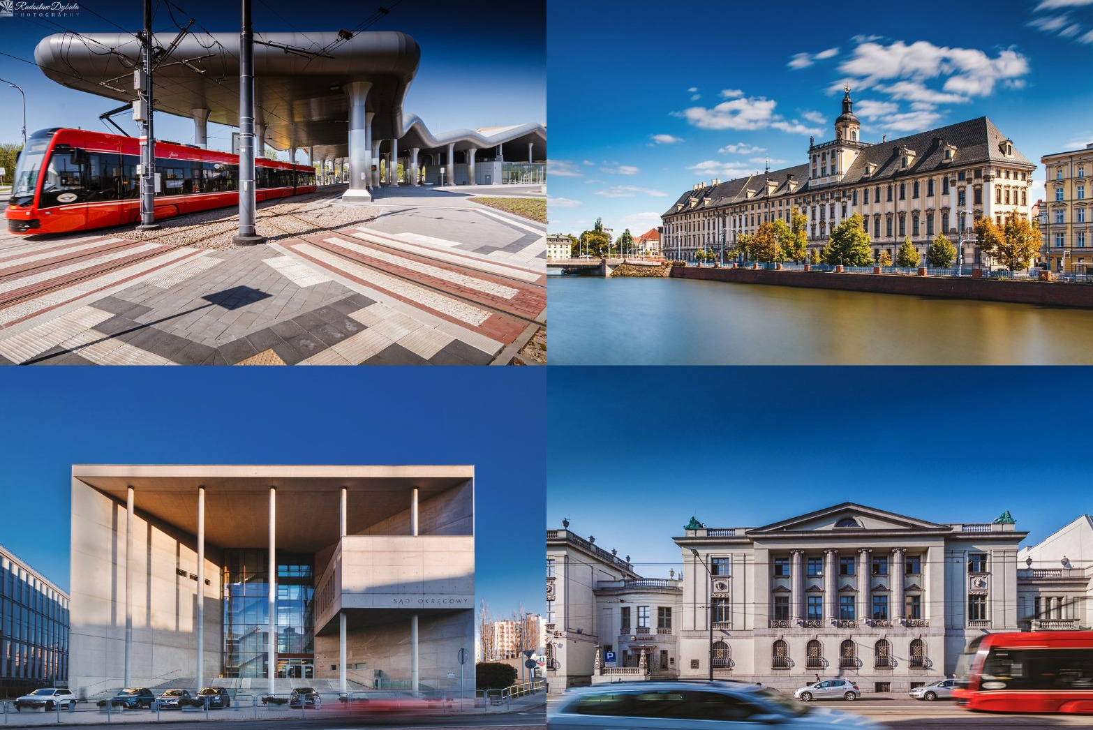 Kolaż z czterech zdjęć architektury Wrocławia: nowoczesny przystanek tramwajowy z czerwonym tramwajem, budynek uniwersytetu nad Odrą, nowoczesny budynek Sądu Okręgowego, Teatr Polski...