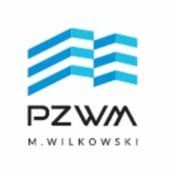 Logo firmy PZWM M.WILKOWSKI z abstrakcyjnym symbolem budynków w kolorze błękitnym.