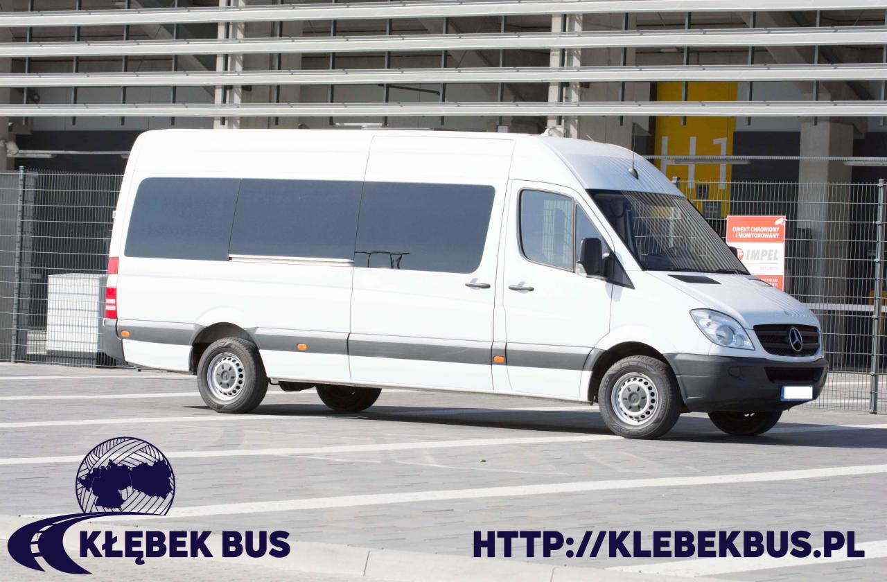 Biały bus Mercedes-Benz Sprinter z przyciemnianymi szybami, zaparkowany na parkingu, widok z boku, na tle budynku z metalową konstrukcją.
