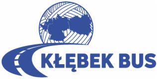 Niebieskie logo firmy transportowej Kłębek Bus z stylizowaną drogą i mapą Europy w tle.