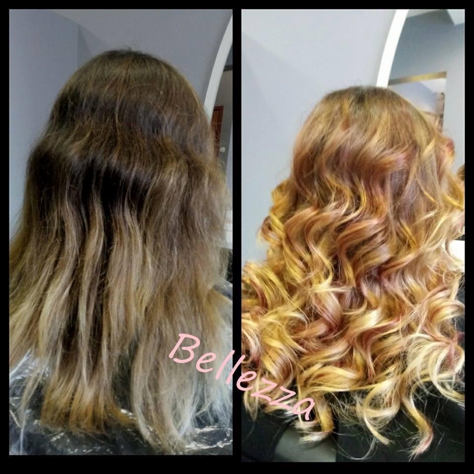Zdjęcie 'przed i po' przedstawiające transformację włosów: z matowych, prostych i w odcieniach brązu i blondu, do lśniących, kręconych loków w odcieniach złota, czerwieni i blondu.