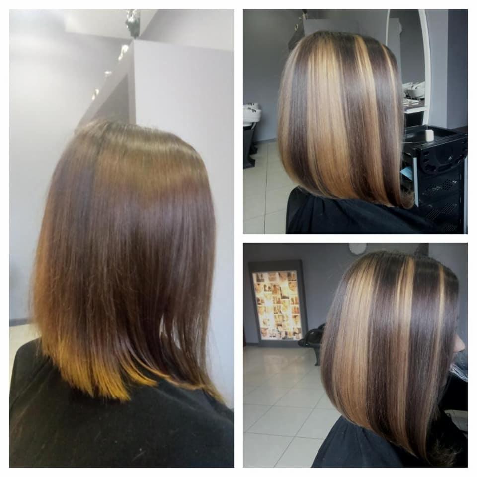 Krótkie, brązowe włosy z blond pasemkami w układzie pionowym, widoczne z tyłu w trzech różnych ujęciach w salonie fryzjerskim.