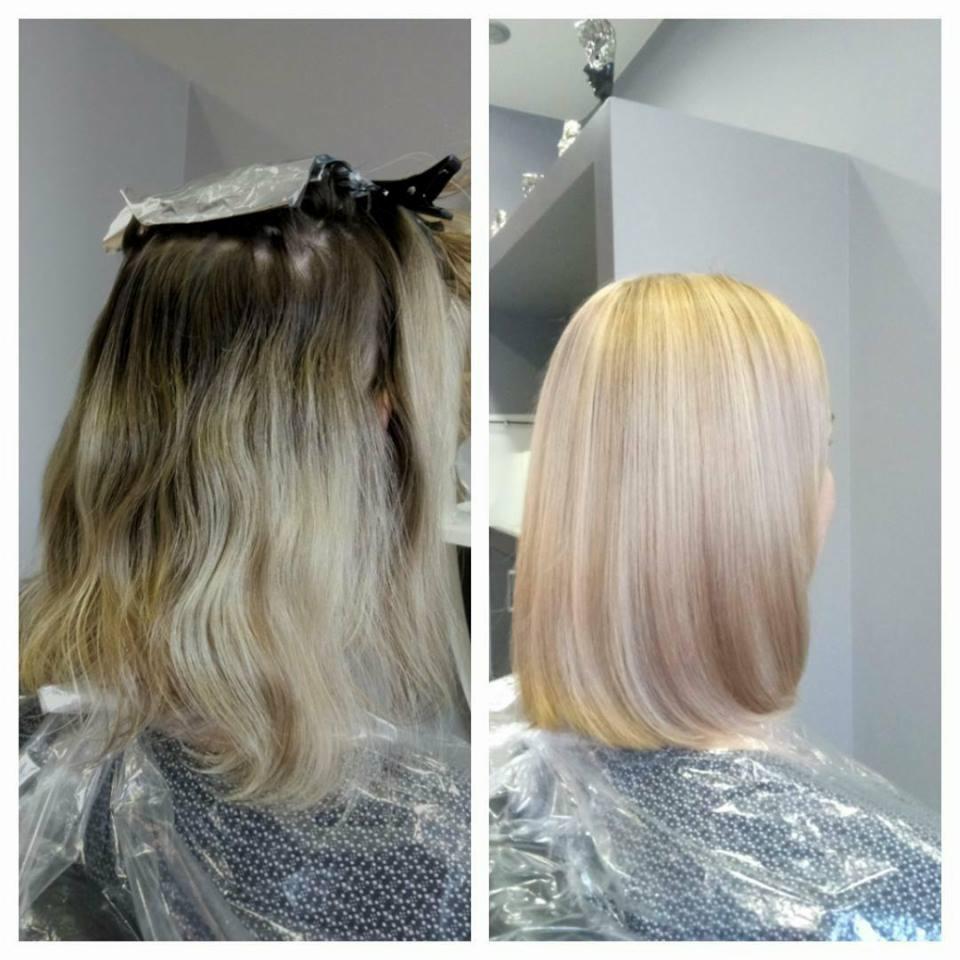 Koloryzacja włosów: porównanie przed i po zabiegu, widoczne odrosty i folia na włosach przed koloryzacją oraz gładkie, blond włosy po zabiegu.