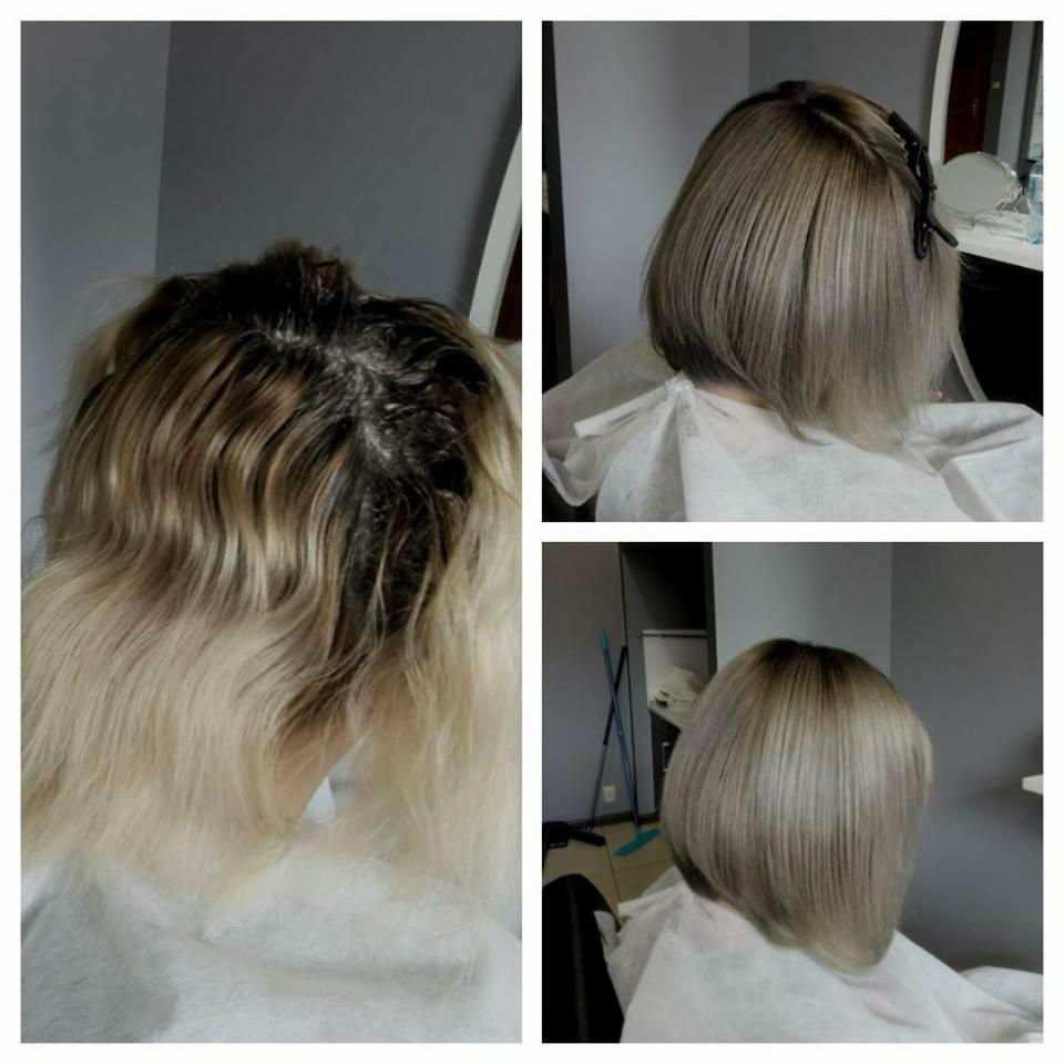 Koloryzacja włosów: widoczne odrosty przed zabiegiem, włosy po koloryzacji w odcieniach szarości, krótka fryzura typu bob.