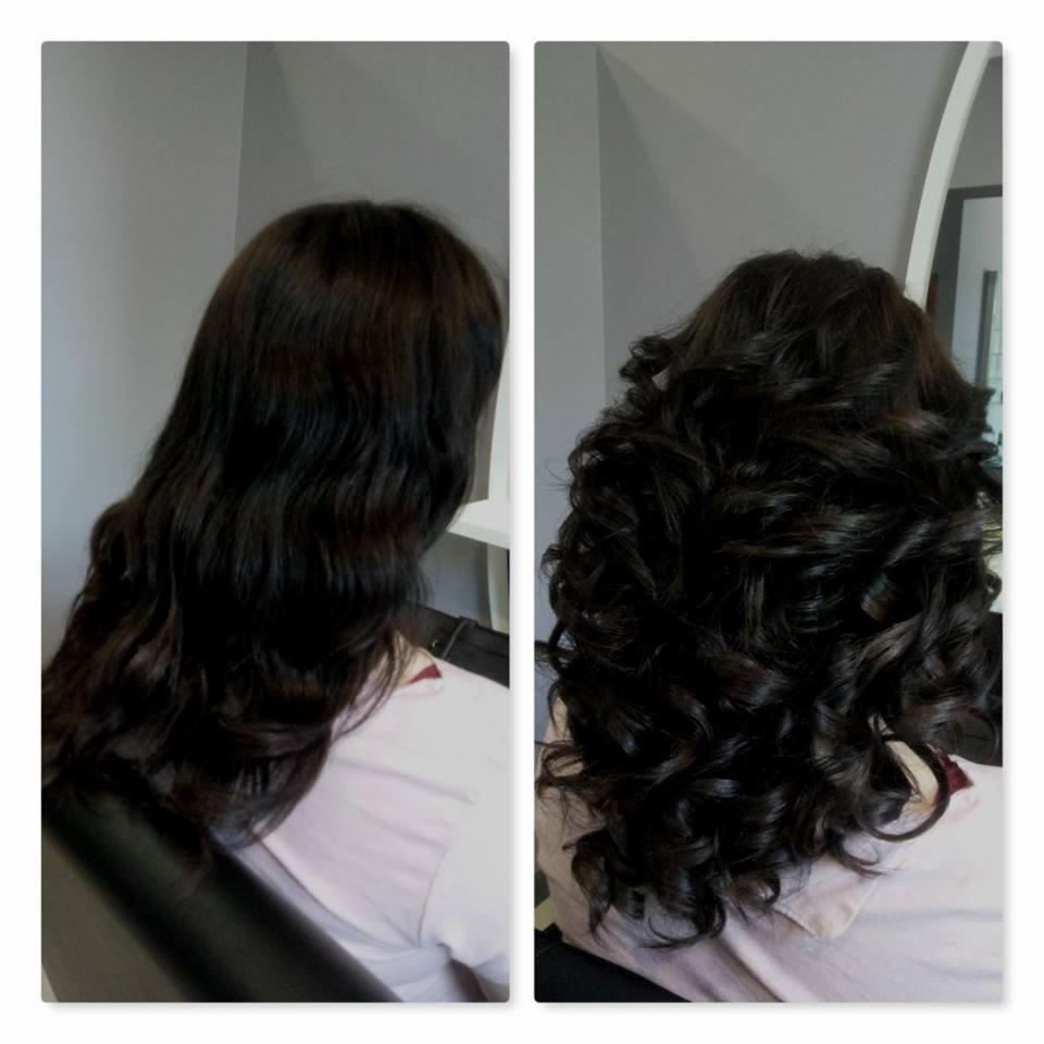 Transformacja włosów: widok z tyłu, ciemne, falowane włosy przed i po zabiegu stylizacji, ukazujące wyraźną różnicę w objętości i teksturze.