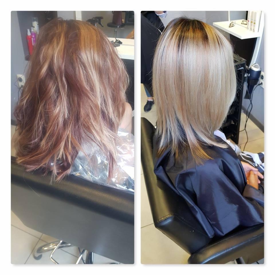 Koloryzacja włosów: przed i po. Włosy przed koloryzacją w odcieniach brązu z blond pasemkami, po koloryzacji w chłodnym odcieniu blondu z ciemniejszymi odrostami.