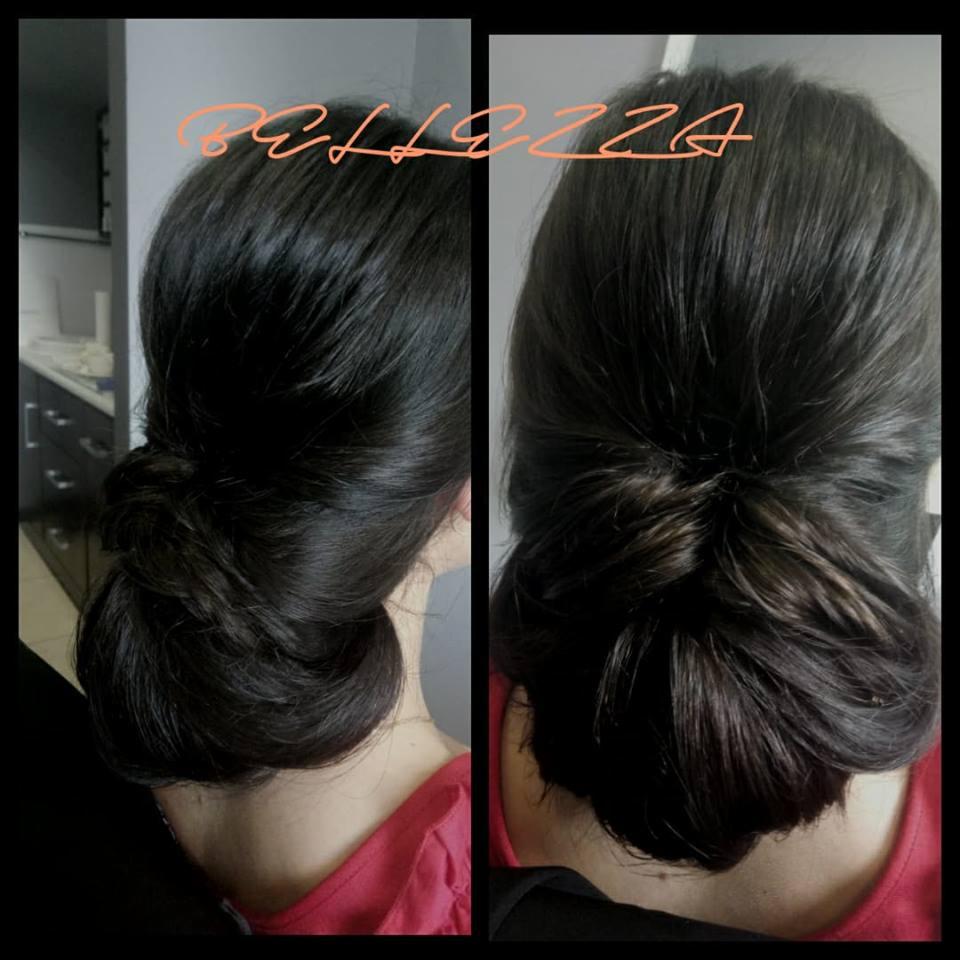 Dwa ujęcia tej samej fryzury: upięcie z ciemnych, lśniących włosów, widok z boku i z tyłu, czerwona bluzka.