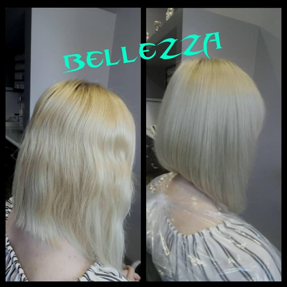 Dwa ujęcia włosów blond przed i po strzyżeniu bob, widoczne od tyłu, z nałożonym logo 'Bellezza'.