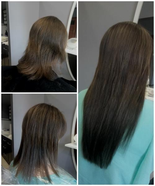 Kolaż przedstawiający metamorfozę włosów: przed i po zabiegu koloryzacji oraz przedłużenia, widoczne różnice w długości i odcieniu brązowych włosów.