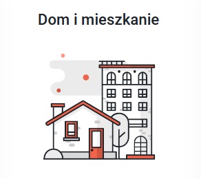 Uproszczona grafika przedstawiająca dom jednorodzinny z czerwonym dachem i budynek wielorodzinny na białym tle z szarymi i czerwonymi akcentami.