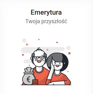 Grafika wektorowa przedstawiająca starszą parę uśmiechniętych osób obok worka z symbolem euro, z napisem 'Emerytura Twoja przyszłość' u góry, utrzymana w stonowanej kolorystyce.