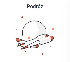 Stylizowana ikona samolotu lecącego na tle księżyca, otoczona dekoracyjnymi kropkami. Napis 'Podróż' u góry.